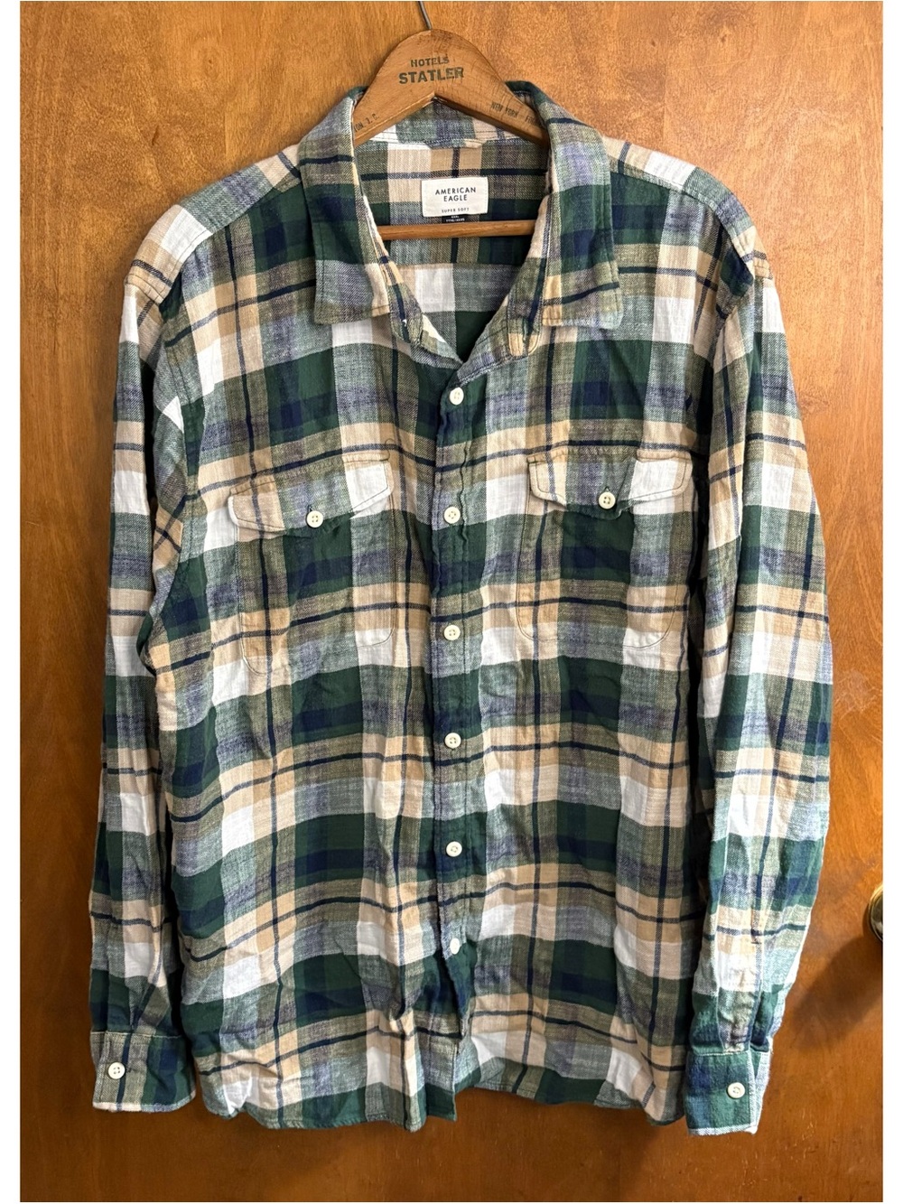 American Eagle Green Plaid Button Down Shirt Shacket Grunge Slouchy Oversized